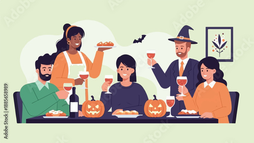 Diverse friends gather for a Halloween celebration with drinks and treats