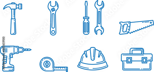 Construction tools icon set featuring hammer, wrench, drill, saw, safety helmet and professional handyman equipment