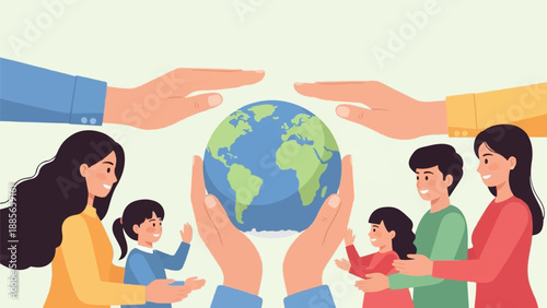 Diverse hands holding and protecting the planet earth, representing unity and global care