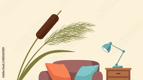 Cozy indoor scene with reeds, sofa, and a desk lamp