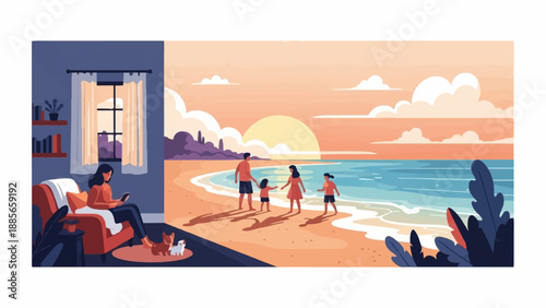 Cozy indoor scene with pets contrasts with a vibrant beach family at sunset