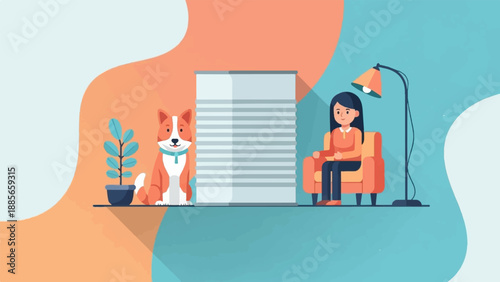 Cozy interior scene with a dog, plant, and woman relaxing