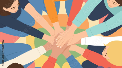 Diverse hands join in unity against a vibrant, abstract background