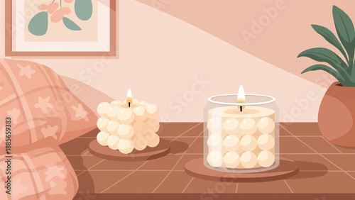 Cozy interior scene with lit bubble candles and a potted plant