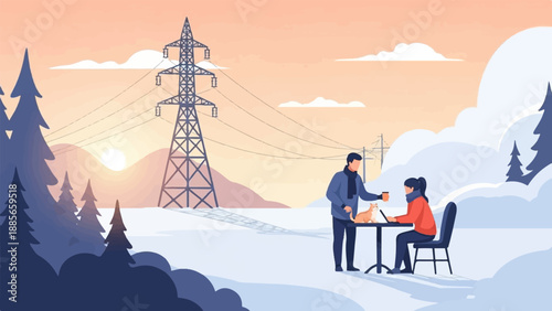 Cozy winter scene with power lines and a couple enjoying hot drinks