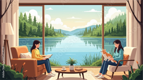 Cozy interior view of two women by a serene lake at sunset