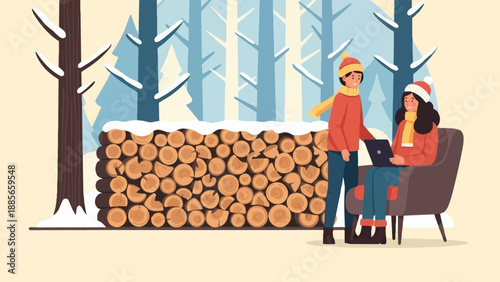 Cozy winter scene with two people and a stack of firewood