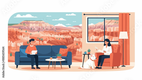 Cozy interior with a view of majestic canyons, people, and dog