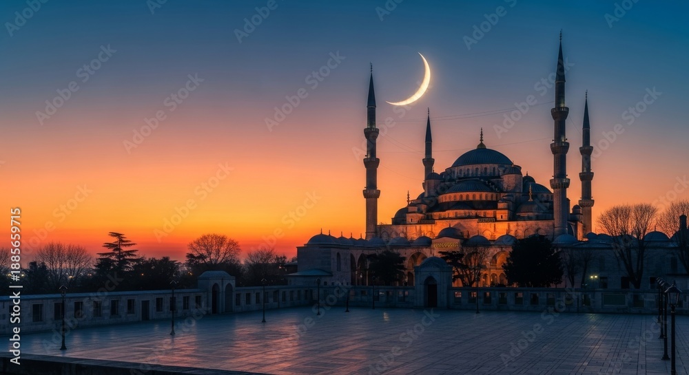 Obraz premium Majestic mosque with crescent moon above its domes and minarets at serene dusk waterfront