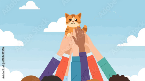 Diverse hands unite to lift a playful cat towards the sky