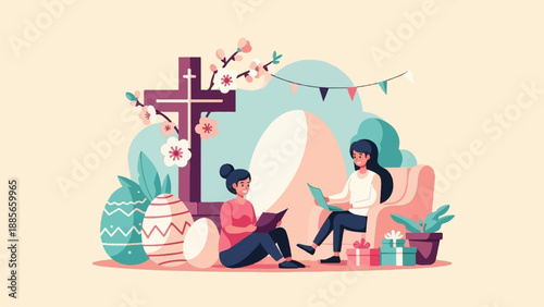 Easter celebration with two women reading and using laptop, eggs, cross