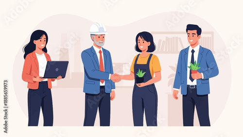 Diverse professionals collaborate in an office setting, shaking hands