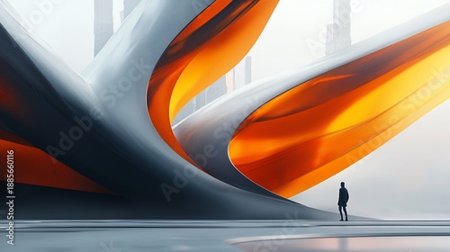 Futuristic architect stands in monumental orange gray structure