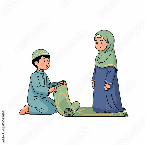 Muslim Boy and Woman Praying Together.