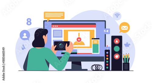 Person using computer and phone for digital content creation.