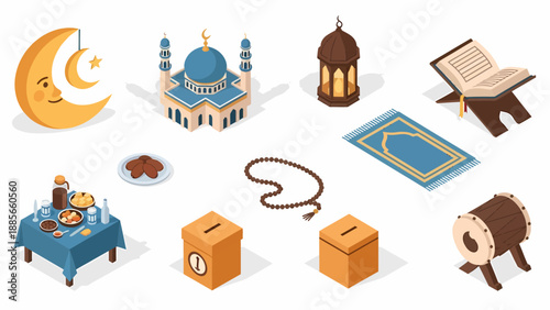 Islamic symbols and objects collection illustration.