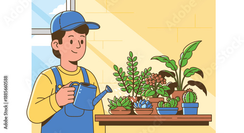 Man Watering Plants with Can.