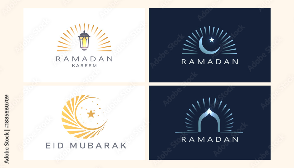 Fototapeta premium Set of Ramadan Kareem and Eid Mubarak logo templates with lantern, crescent moon, star and mosque arch icons. Modern Islamic greeting badges for banners, posters, social media, vector. 