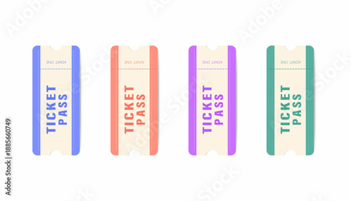 Pastel ticket pass set of four vertical admit-one stubs with perforation line, rounded notches and clean typography, isolated on white, vector.