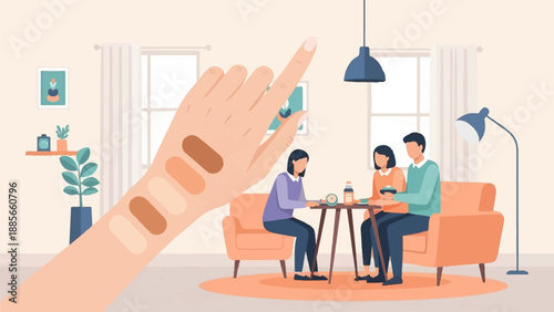 Diverse skin tones tested on hand, family relaxing in a modern living room