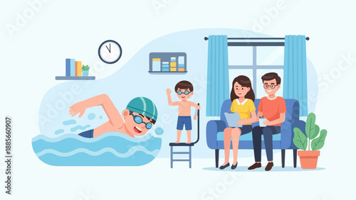 Diverse family learns swimming in indoor pool, parents observing