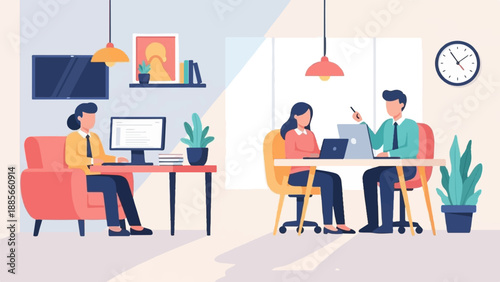 Diverse team collaborates and works efficiently in a modern office setting