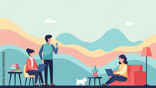Diverse individuals and a dog interact in a cozy, abstract landscape