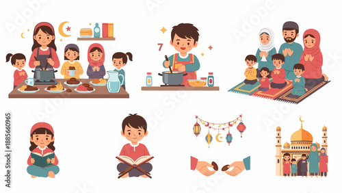 Children and Families Practicing Islamic Prayer.