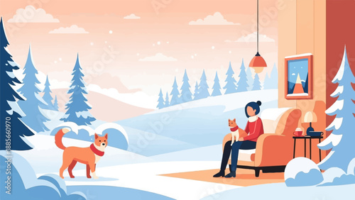 Cozy winter interior scene with a dog and a person indoors, snow outside