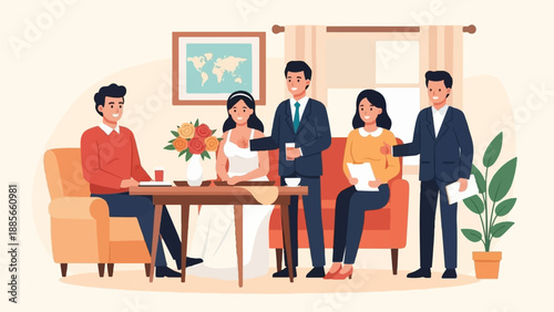 Diverse family gathering with a bride, groom, and guests indoors