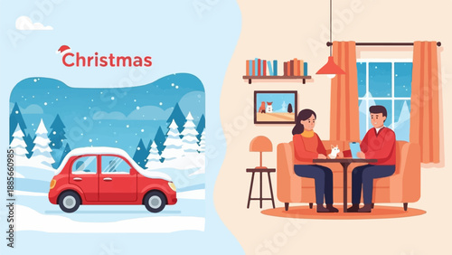 Cozy winter interior scene contrasts with snowy landscape and festive car