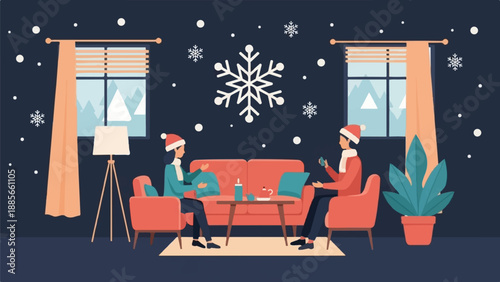 Cozy winter evening with loved ones, snow falling outside