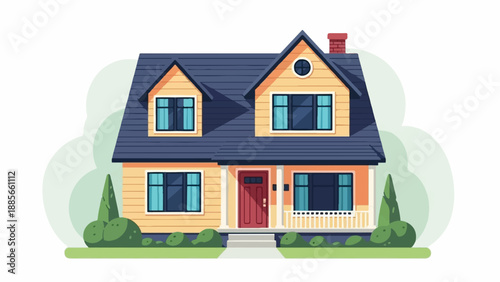 Cozy yellow house with dark blue roof, porch, and chimney