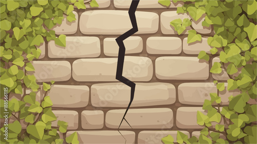 Cracked stone wall with creeping ivy on each side, cartoon style