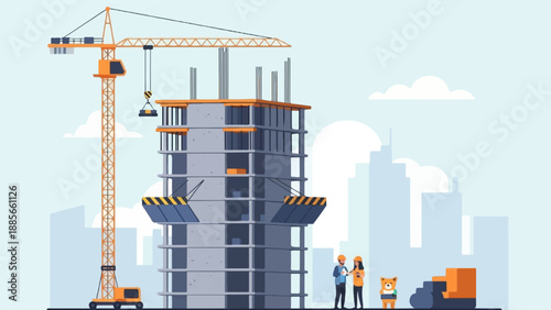 Crane and construction workers oversee progress on a building