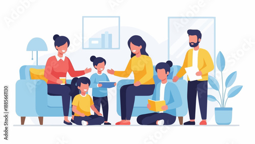 Diverse family enjoying reading time together indoors