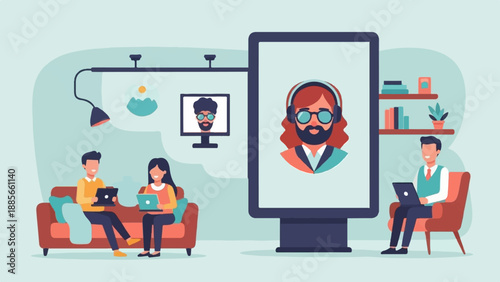 Diverse individuals engage in remote communication and work within a modern setting