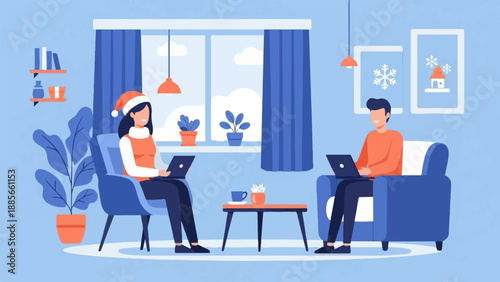 Cozy winter day indoors with people working on laptops