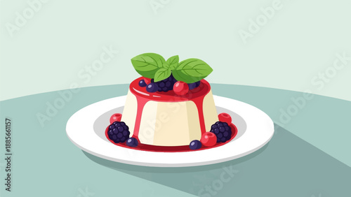 Creamy dessert adorned with fresh berries and a sprig of mint