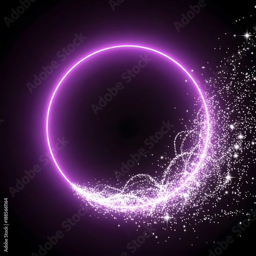 Purple Energy Ring – Glowing Neon Circle with Spark Bursts and Light Trails on Dark Background