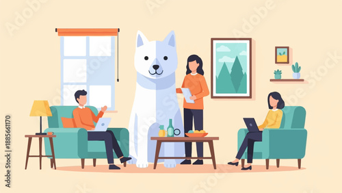 Cozy living room with people working on laptops and a giant dog