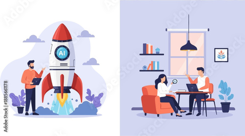 Diverse team collaborates on AI project launch and works remotely indoors