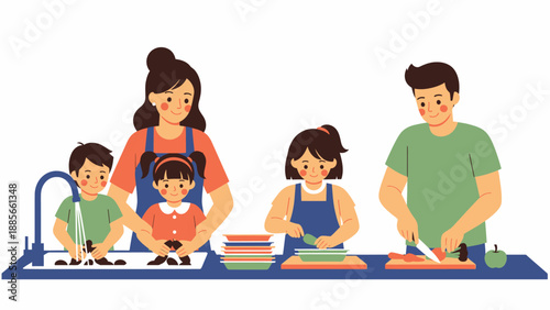 Family Doing Household Chores Together Kitchen.