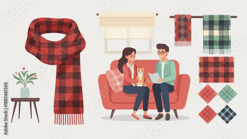Cozy scene with couple, dog, and plaid textile collection