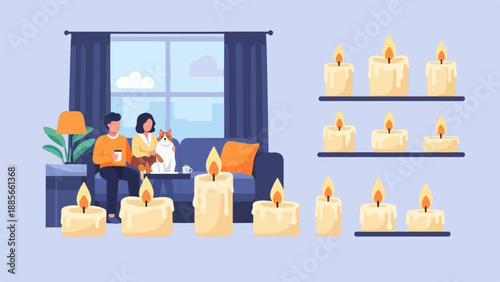 Cozy scene with couple, dog, and many lit candles creating ambience