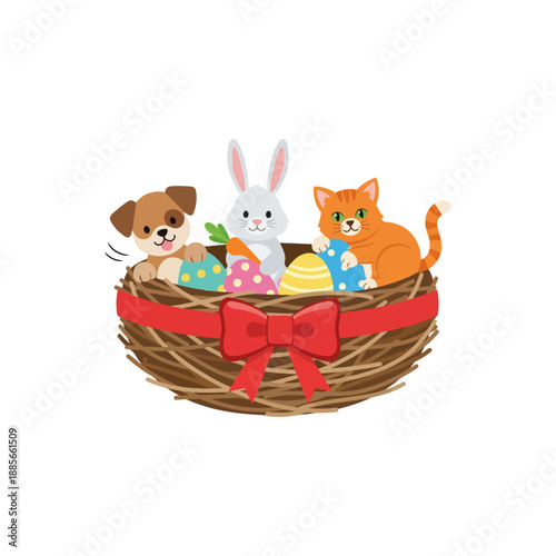 Cute Easter Animals in a Nest with Colorful Eggs.