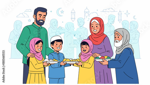 Family Sharing Food Together Illustration.