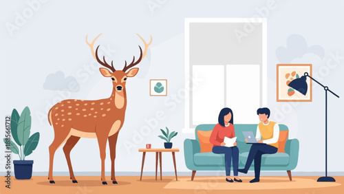 Deer and couple relax indoors, plants, art, and lamp decorate the scene
