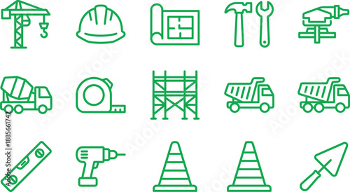 Green construction line icons set, crane helmet tools truck blueprint equipment, modern outline symbols for building and engineering industry