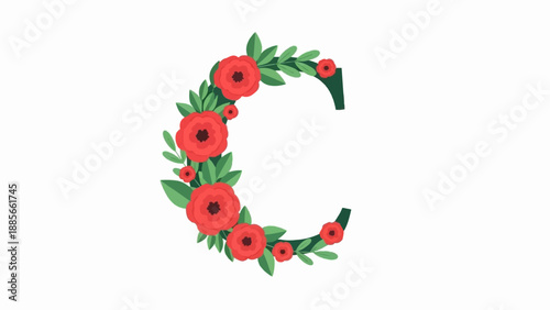 Decorative letter C with red flowers and green leaves on a white background